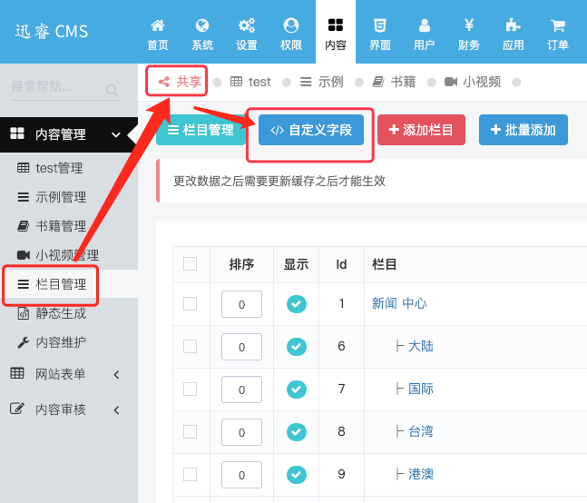 迅睿CMS-后台操作-栏目自定义字段